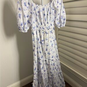 LoveShackFancy White and Blue Floral Long Sleeve Dress